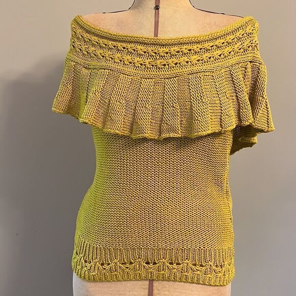 Anthropologie Mustard Yellow Crochet Ruffle Off Shoulder Sweater - Size Small - Picture 3 of 13